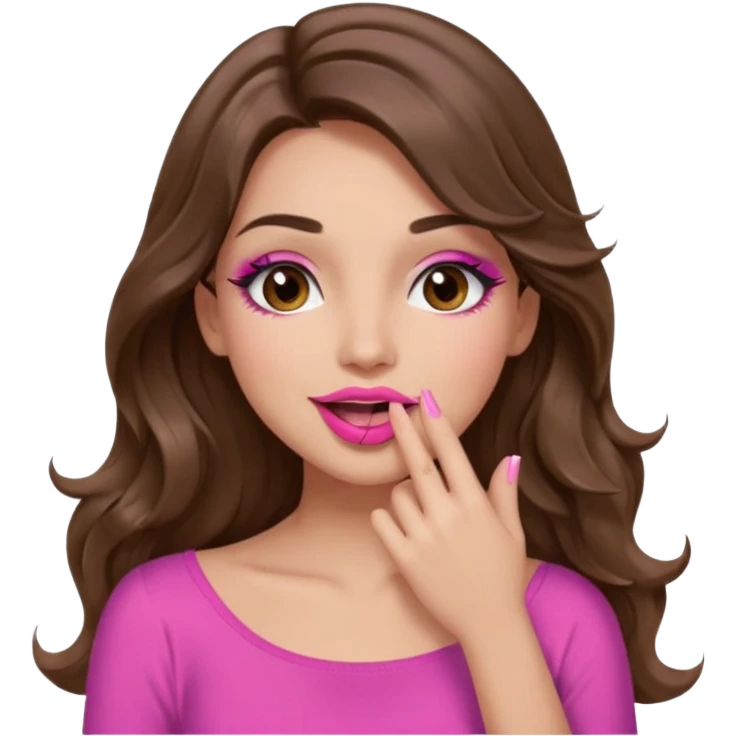 girl with long wavy brown hair, brown eyes, long lashes makeup, sexy pink lips, light to medium complexion, pink sexy top, sexy, gigling hand covering mouth emoji