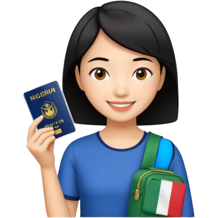 Nigeria, travel visa, with a Asian girl with short black hair, fair skin, and a young, enthusiastic smile emoji