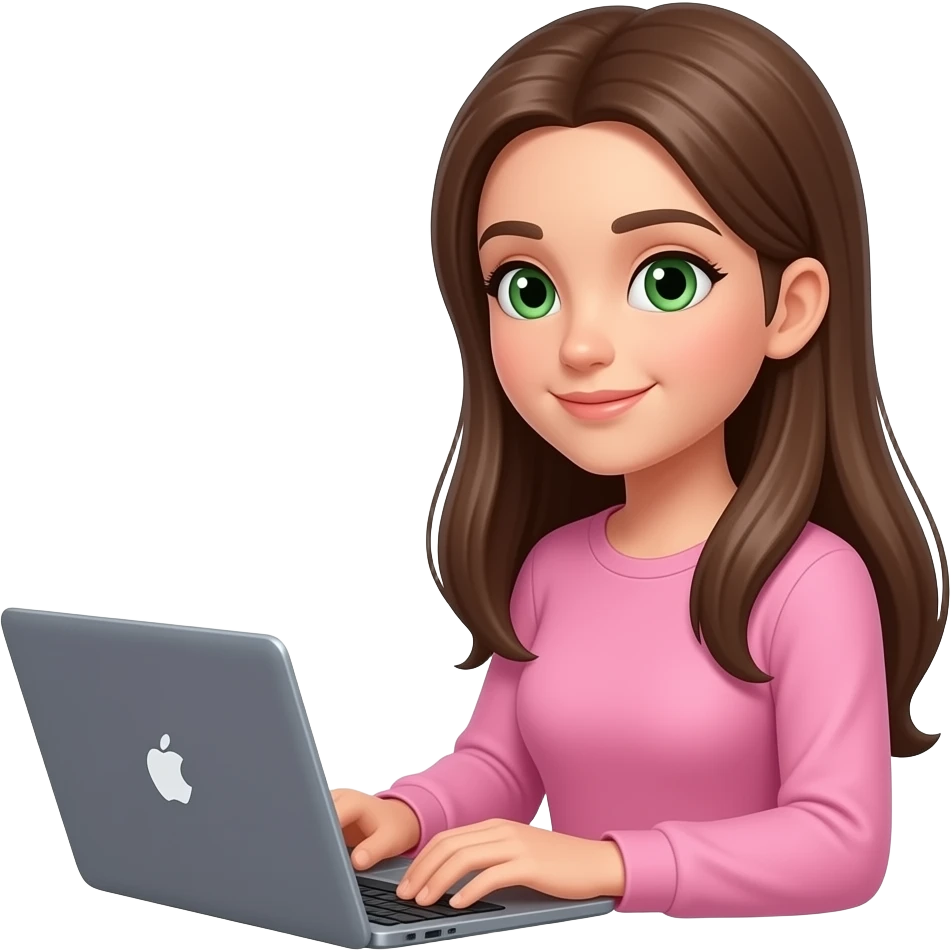 girl with a smaller proportunate hair green eyes and brown long straight hair working on a laptop and a pink long sleeve shirt emoji