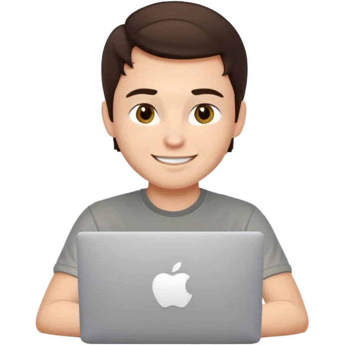Apple-style emoji of a friendly young male developer, dark brown hair, hazel eyes, dimple, smiling and winking, tech t-shirt, at a MacBook with Apple logo, light gray background emoji
