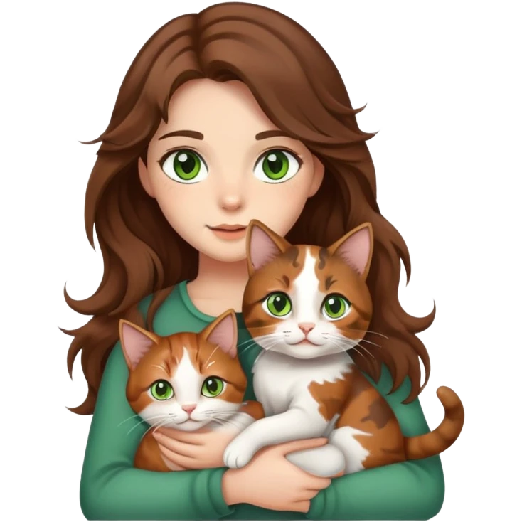 A girl with wavy brown hair and white has brown eyes and carries a cat calico green eyes  emoji