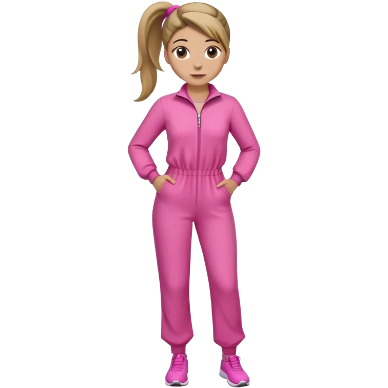 Woman dark blond hair ponytail pink  full body jumpsuit  emoji