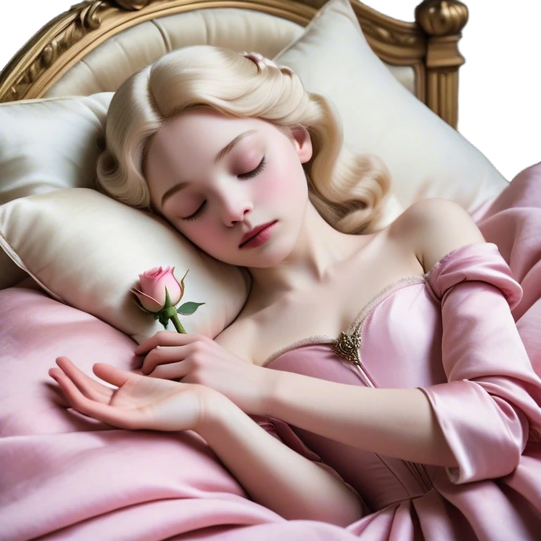 Cinematic Realistic Sleeping Beauty (Aurora) Portrait, with porcelain-like skin featuring a natural rosy flush, illuminated by soft lighting that highlights the gentle contours of her face. Her golden blonde hair flows in soft, detailed waves with subtle highlights that shimmer in the light. Her deep violet-blue eyes radiate warmth and innocence, framed by arched brows and long lashes. With a soft, serene smile, she holds a delicate rose gently in one hand, her other hand resting lightly by her side. She is dressed in her classic pink gown, the fabric rich in texture with delicate folds that catch the light. A golden crown rests atop her head, gleaming with royal refinement. The portrait captures a soft, glowing aura, blending realism with an ethereal sense of beauty and timeless enchantment. emoji