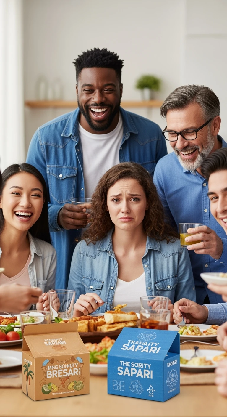 GRUPPO DI AMICI A TAVOLA FELICI MENTRE MANGIANO, MENTRE UNA PERSONA CHE è CON LORO NON SI STA DIVERTENDO, NON MANGIA E HA UN'ESPRESSIONE TRISTE, ESPRESSIONE DI DOLORE IN VOLTO, iperrealistico 4k emoji