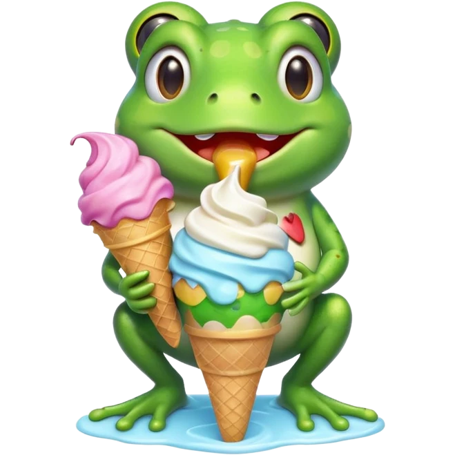 cute frog eating ice cream, happy face, holding a colorful ice cream cone, 3D cartoon, mobile game icon style, bright colors, soft shadows, clean background, no text, no watermark
 emoji