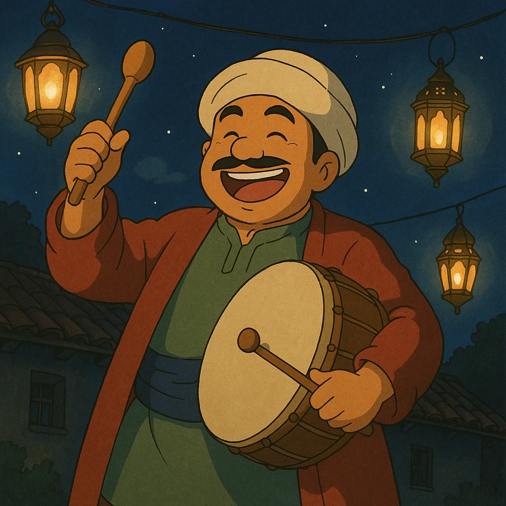 ghibli style scene of a joyful sahur drummer in traditional clothes, lanterns, night emoji