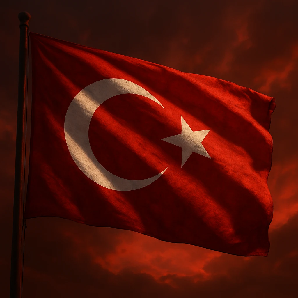 A symbolic Turkish flag waving in the wind, dramatic red background, white crescent and star, high detail, realistic lighting, cinematic and national pride. emoji