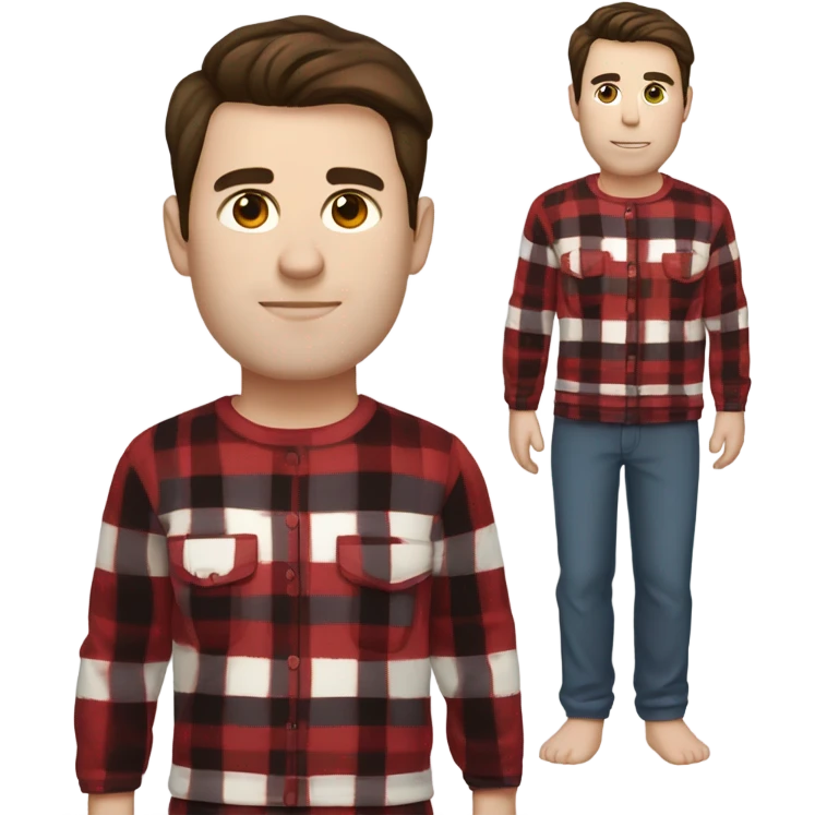 Man with straight brown hair and brown eyes wearing red and black buffalo plaid pjs. White skin. Full body. emoji