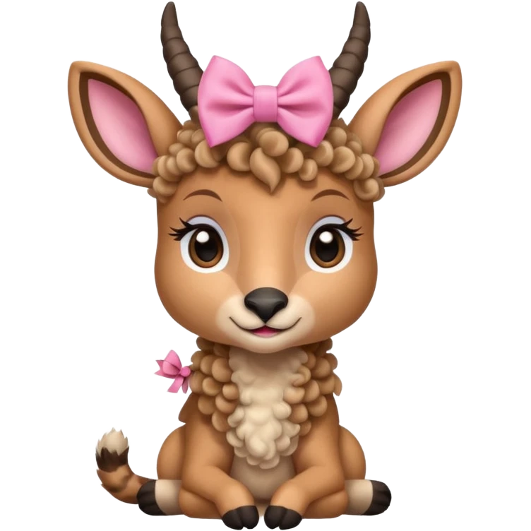 cute gazzelle with curly fur, sitting down, wearing a pink bow on its head.   emoji