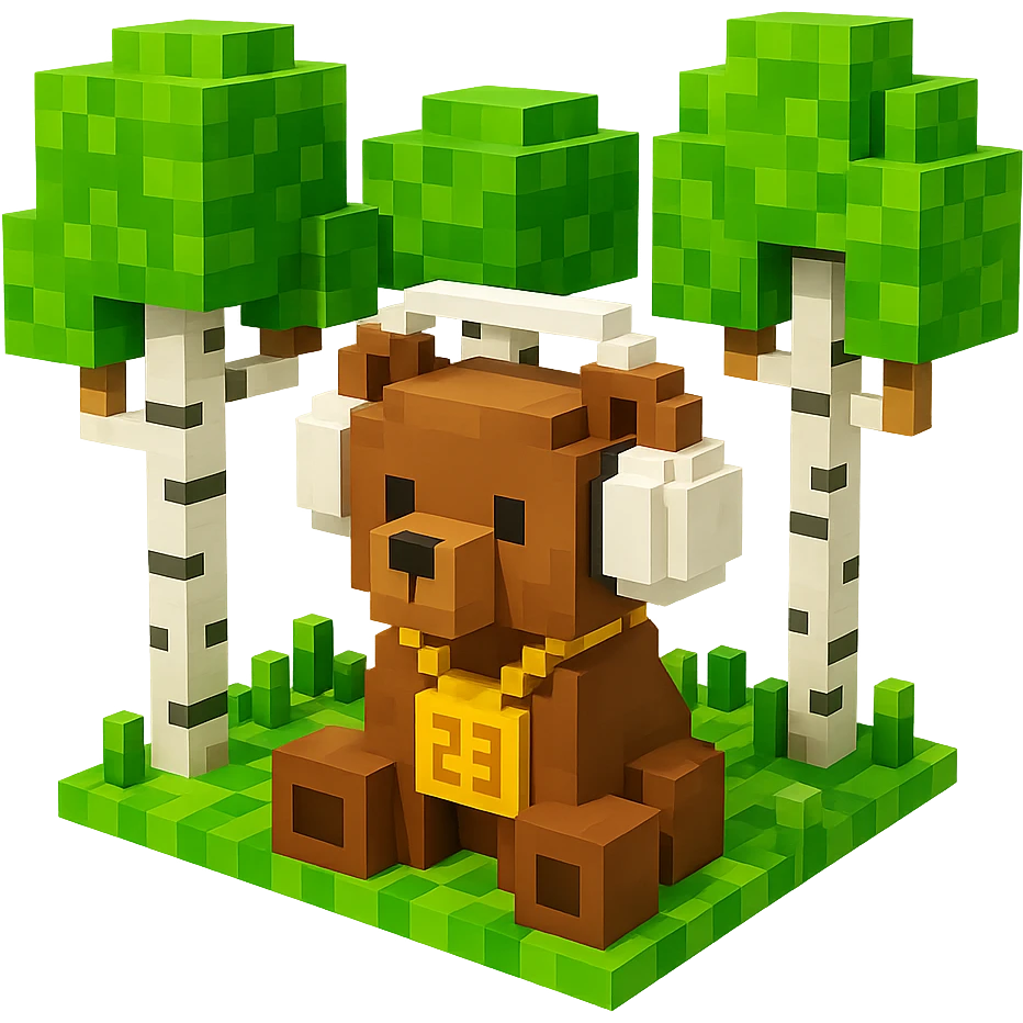 березовый лес, в котором сидит бурый медвежонок в белых наушниках (наушники должны закрывать уши медведя), на медведе цепь с подвеской "23", no background  emoji