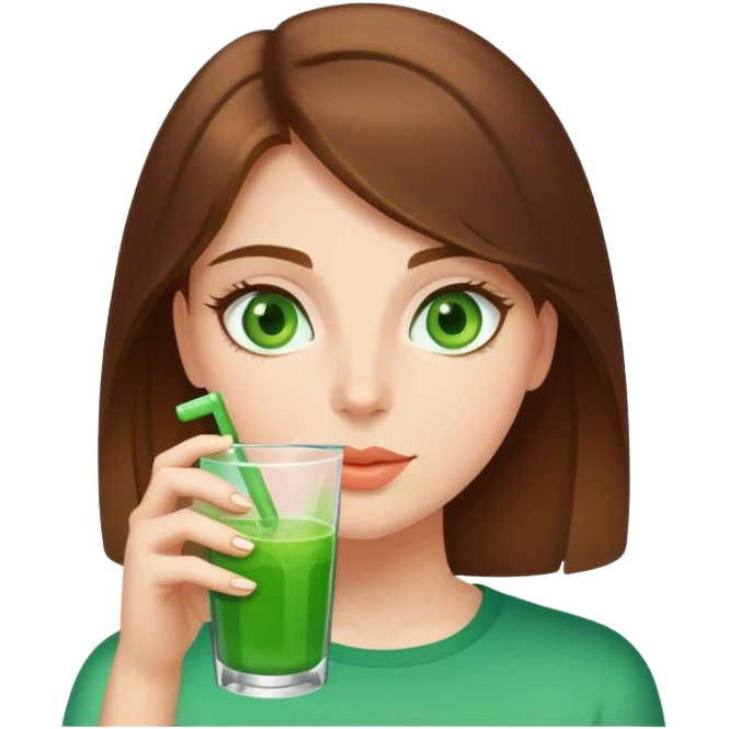 brown-haired girl with green eyes drinks green drink emoji