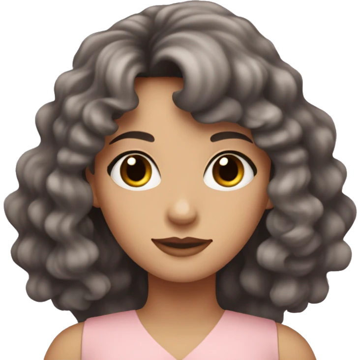 White woman with long black curly hair and bangs and dark brown eyes, wearing a pastel pink dress emoji