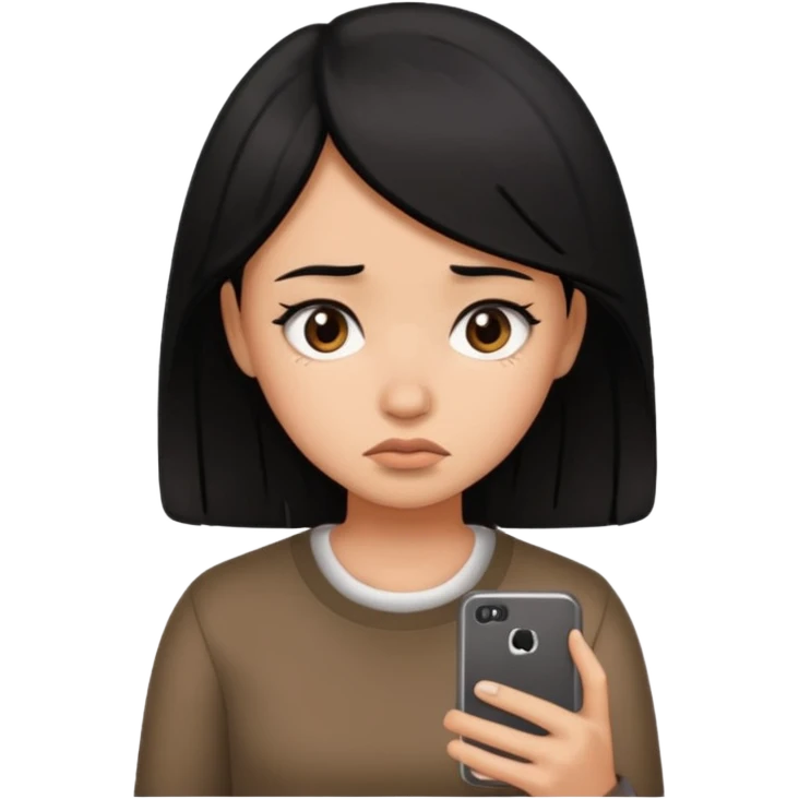 Black hair girl sad looking at phone  emoji