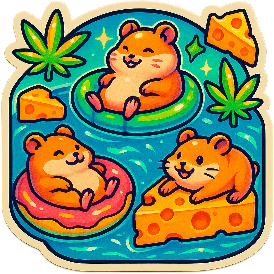 square Discord server icon, playful pool party scene with hamsters, weed leaves, cheese, subtle THC theme, retro nostalgia style with 80s/90s colors, bold outlines, neon accents, fun pool floats, centered clear composition emoji