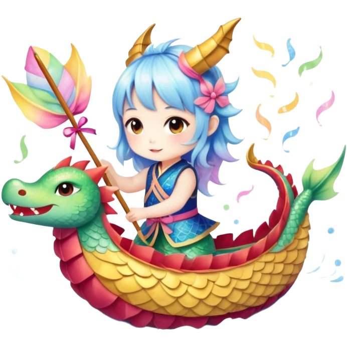 A chibi girl dressed as a dragon boat drummer, holding soft pastel drumsticks, standing in a fluffy dragon boat, colorful festival ribbons flying, sparkles and cute mini fish swimming below, soft pastel colors, watercolor texture, transparent background emoji