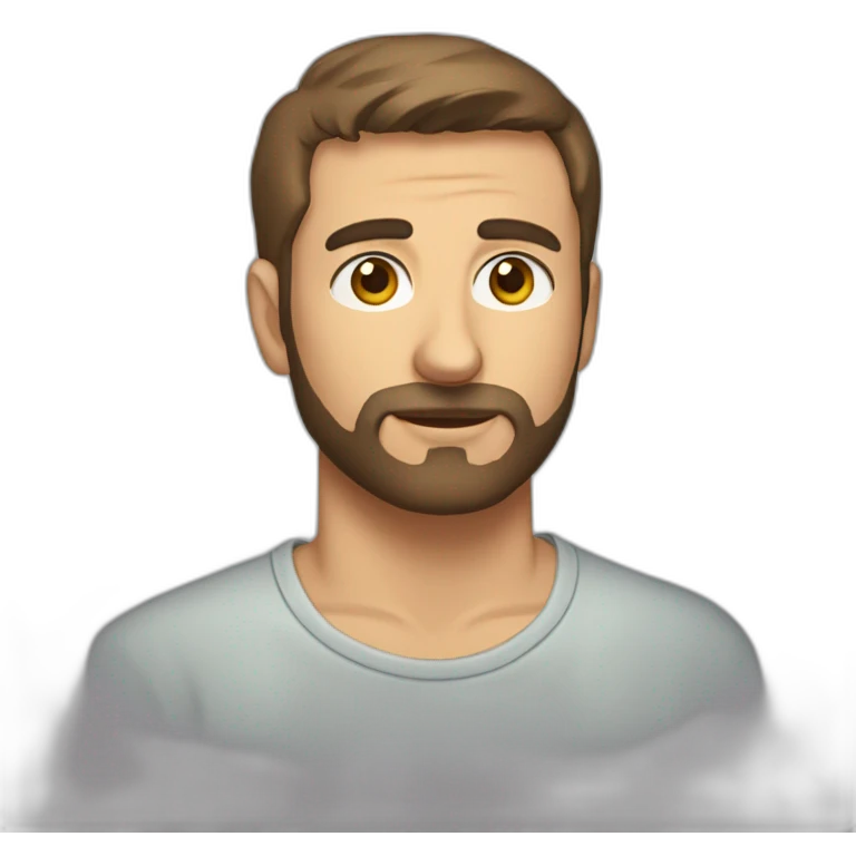 man with brown short hair and short beard wearing a t-shirt with the word escutai emoji