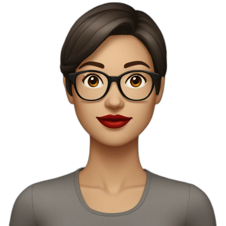 face of a 25 year old caucasia woman with short dark brown straight hair, bright red lipstick, eyeliner, and square light brown glasses emoji