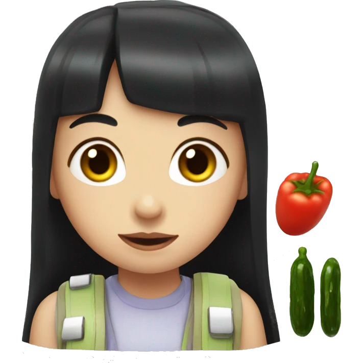 girl with black hair and bangs and girl with red hair and bangs eating pickles  emoji