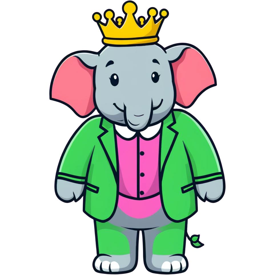 Babar the elephant king with crown and green suit emoji