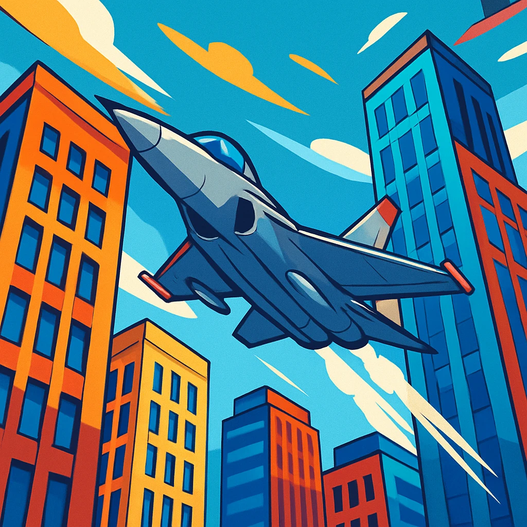 A jet passing between two tall buildings, urban skyline, dynamic angle, colorful style, no text emoji