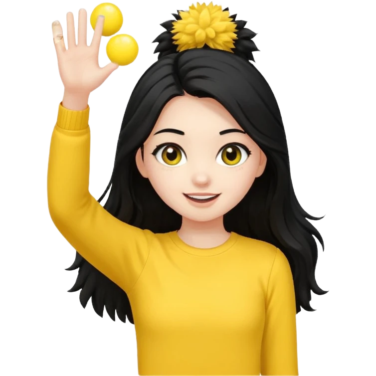 A long black hair teen girl waving pom-poms, eyes sparkling with excitement, yellow top emoji