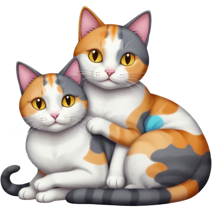 full body large dark grey and white cat cuddling a colourful light patched calico + white tabby cat  emoji