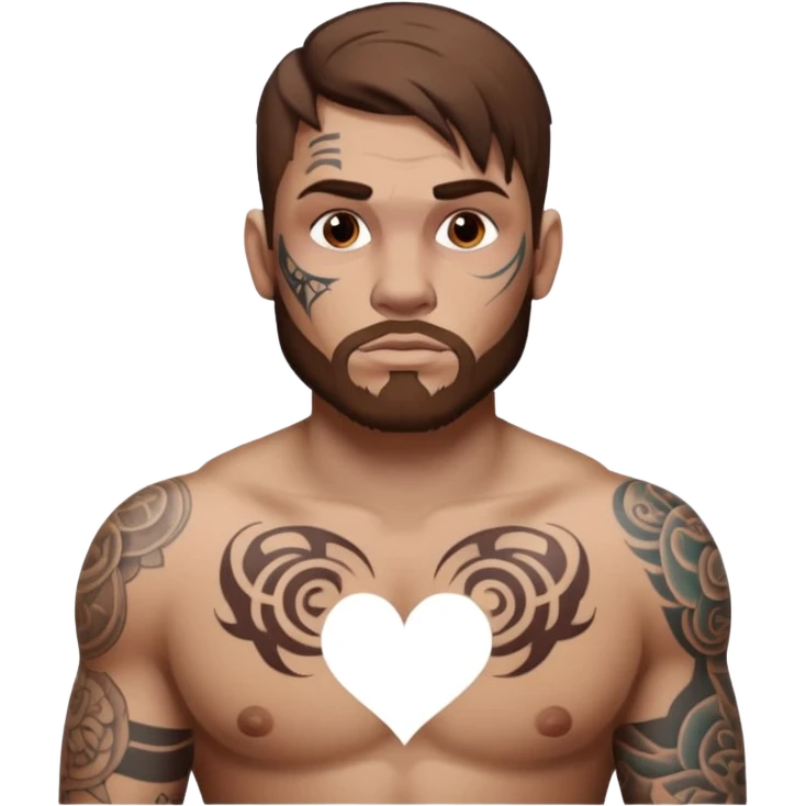 tattoo man, full  white skintone,brown hair, tattoos on face, more visible, bulky man with tattos on his chest, heavy tattoos. emoji