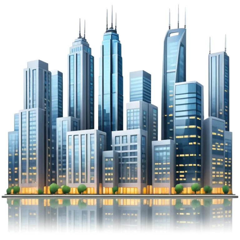 A modern cityscape with tall buildings, skyscrapers, and windows lit up, representing an urban environment full of life and activity emoji