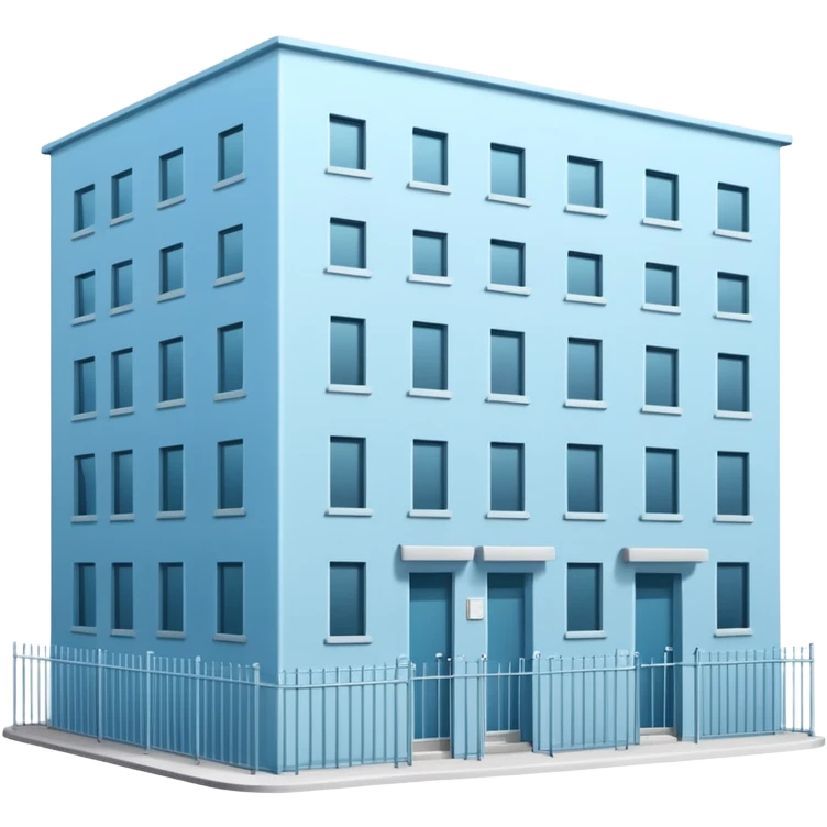 light blue rectangular 9-story apartment building surrounded by fence, closed courtyard, minimal flat vector icon, friendly clean design emoji
