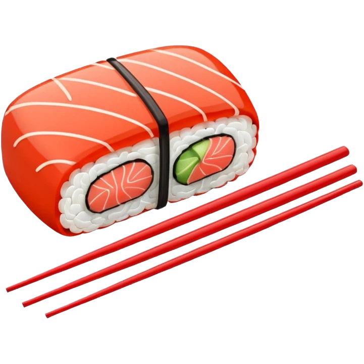 Japanese cuisine humanless avatar in minimalist emoji-style illustration. Sushi, roll and 2 chopsticks, clean lines, red white colors, flat design, calm and modern. emoji