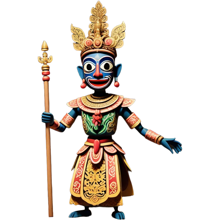 Golek Ayun-ayun – Cinematic Realistic Wayang Golek Ayun-ayun, depicted as an intricately carved traditional wooden puppet with vibrant painted details and expressive features, set on a dimly lit stage with dramatic shadows that evoke centuries of Indonesian theatrical heritage, rendered with lifelike textures and subtle ambient glow. emoji