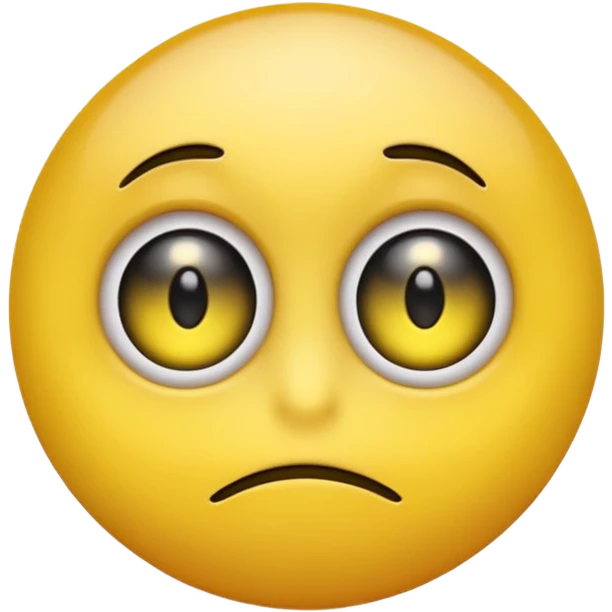 A circular yellow emoji with a smooth, gradient-shiny surface, featuring two large round eyes with white sclera and black pupils, conveying confusion. A yellow finger is placed beside the mouth with a simple 'ε' symbol in front. emoji