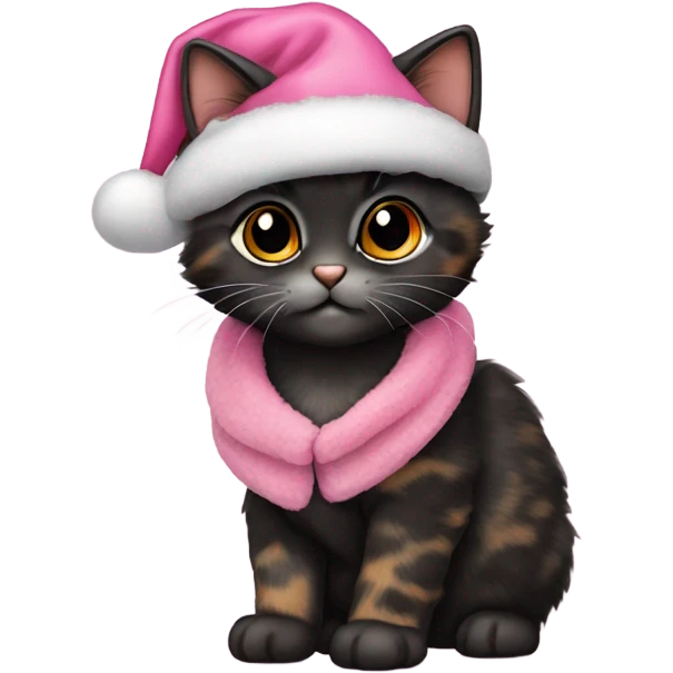 Cute mostly black tortoiseshell kitten wearing a pink Santa hat and coat emoji