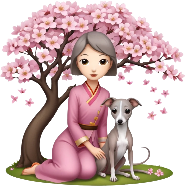 A young Chinese girl and a grey Italian Greyhound sitting under a cherry blossom tree emoji