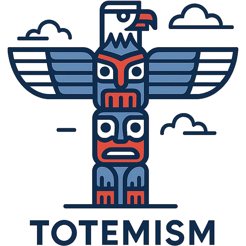 contemporary logo for Totemism featuring abstract totem pole with prominent eagle motif at top, clean lines geometric forms color scheme of red black white and blue, visually striking symbolic design reflecting spiritual and cultural essence of totem poles emoji
