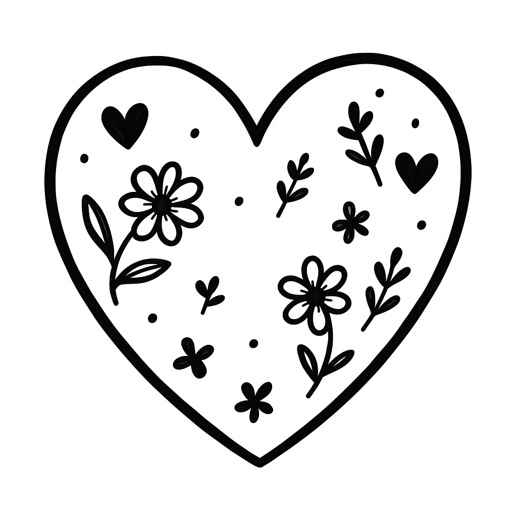Remove the cat from the image, keep only the heart and decorative elements in a hand-drawn doodle style with floral and playful accents. The style should resemble notion style hand drawn doodles with a whimsical and artistic feel. emoji