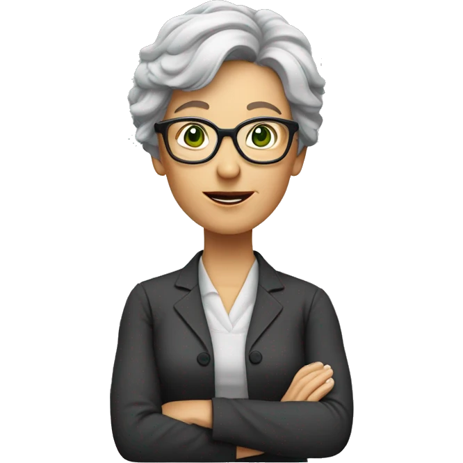 middle-aged female professor giving a lecture. She has short salt-and-pepper hair and she wears glasses and has green eyes emoji