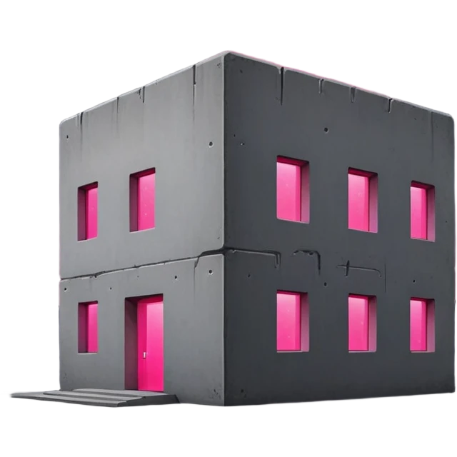 Night view of minimalist gray concrete Russian building, shadowy rectangular structure with one bright pink glowing window, stars in sky emoji