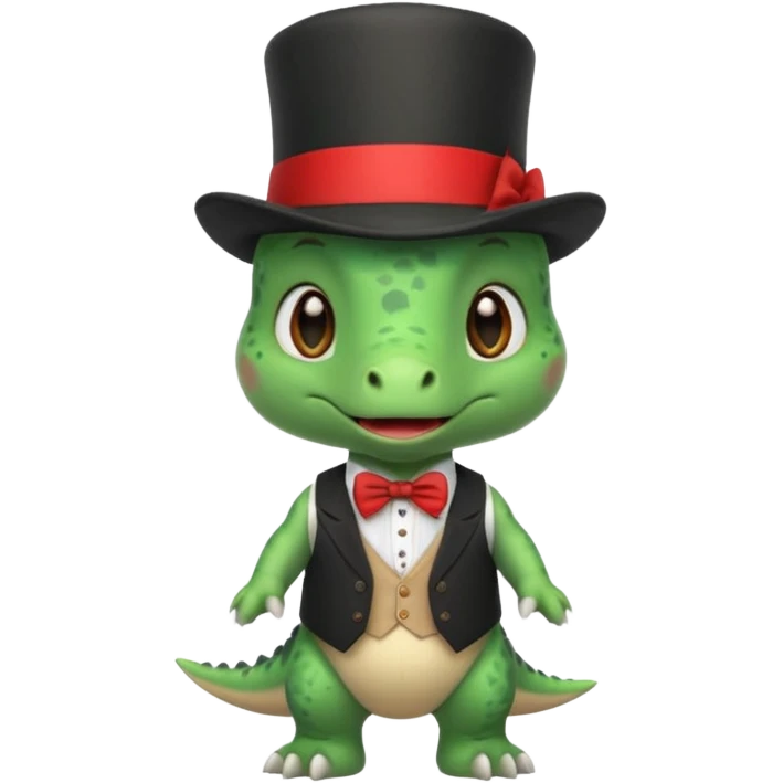 Steampunk:a very cute and adorable green anthropomorphic baby dinosaur with a red top hat emoji