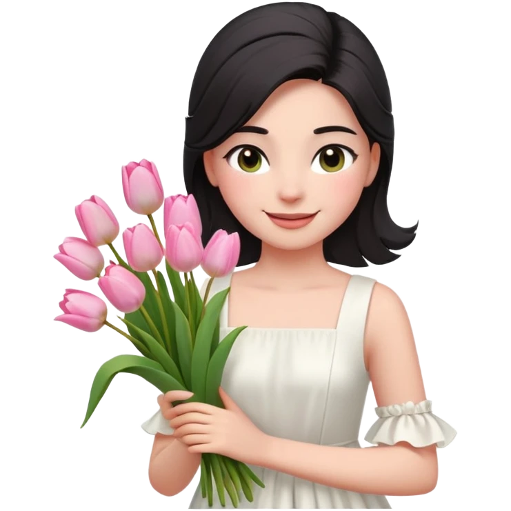  A girl Squint your eyes and smile with a black half-up half-down hairstyle, and a white dress, enjoying the spring breeze.Holding a bundle of pink tulips emoji