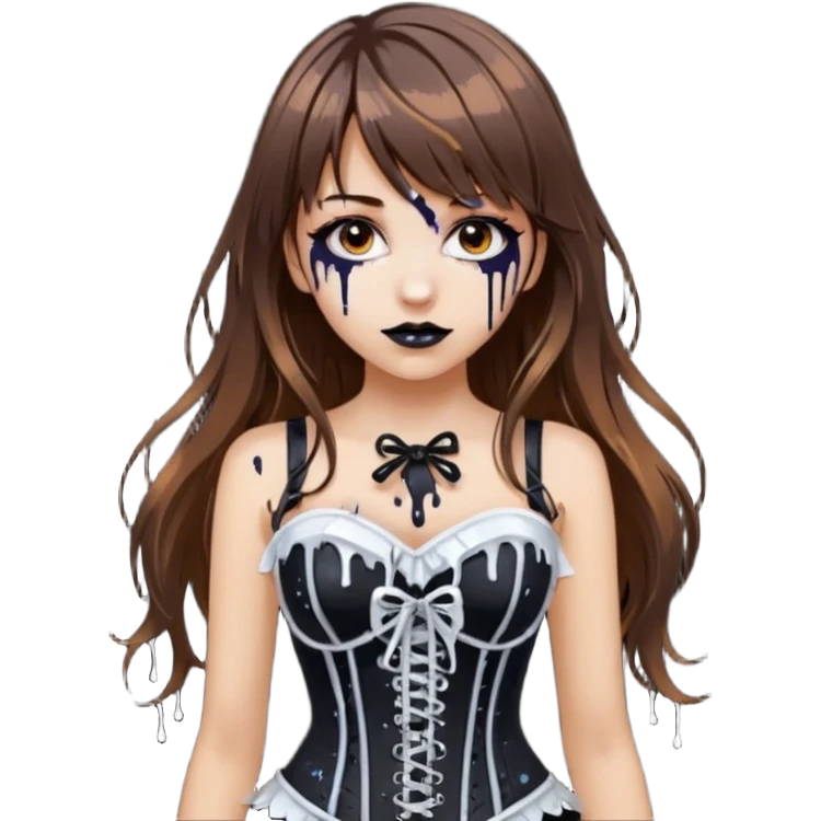 white girl, brown hair, bangs and long hair, dark makeup. Detailed corset top with white paint dripping,  emoji
