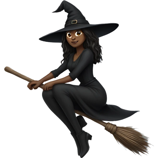 witch on a broom dark long hair white skin emoji
