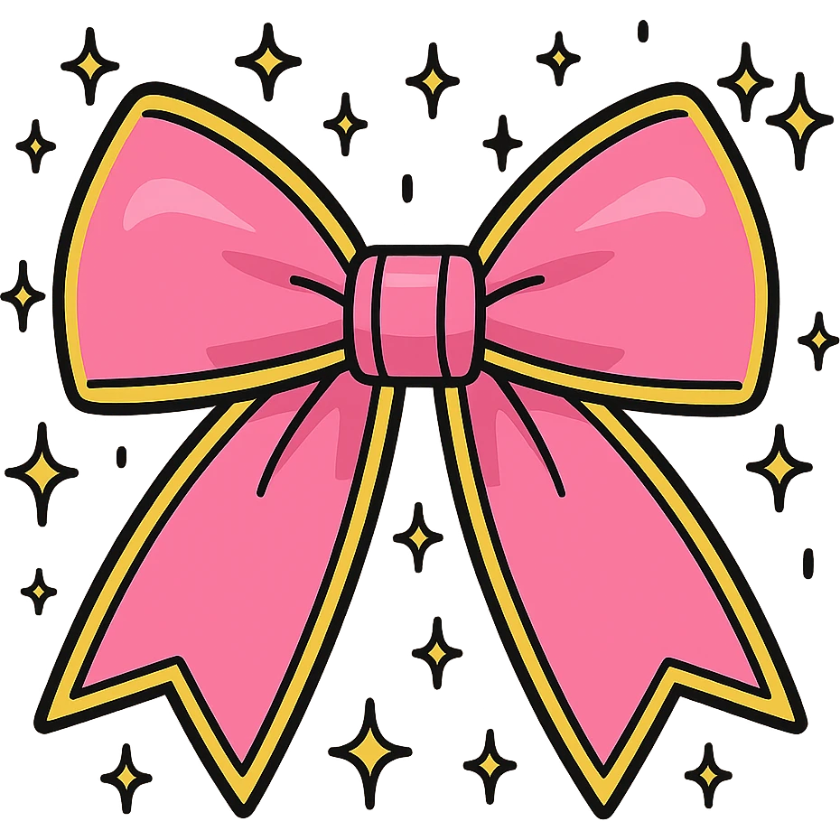 Add a shiny gold outline to the sparkly pink bow with a soft gradient and stars, keep the background transparent. emoji