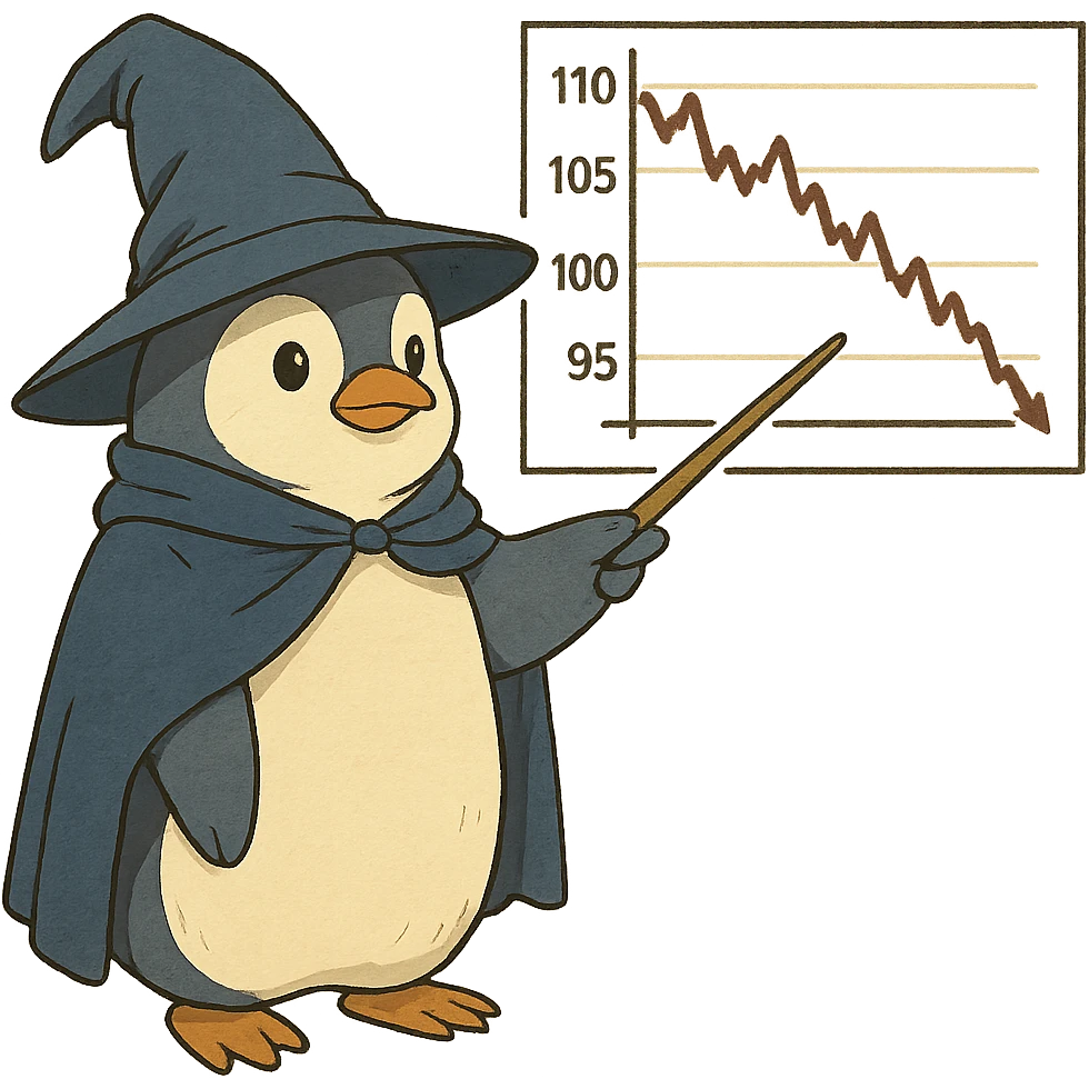 ghibli style penguin wizard pointing to a stock chart with numbers going down, no background emoji