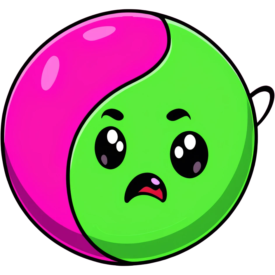 magenta pink planet with swirls and an angry scowling face emoji