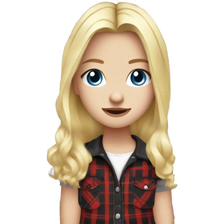 Blonde girl with blue eyes wearing black pants with a red plaid shirt and white platform converse emoji