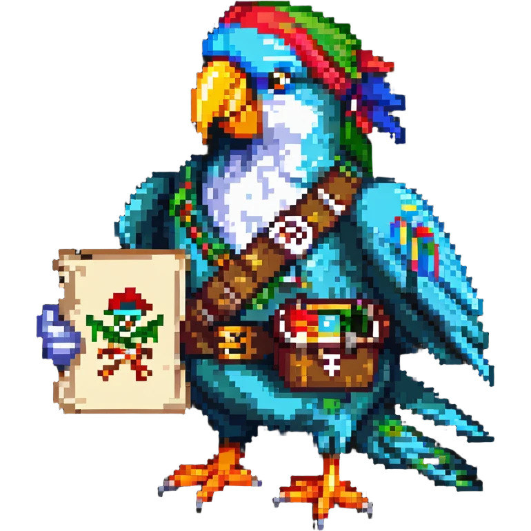 parrot with a pirate patch holding a treasure map with a QR code emoji