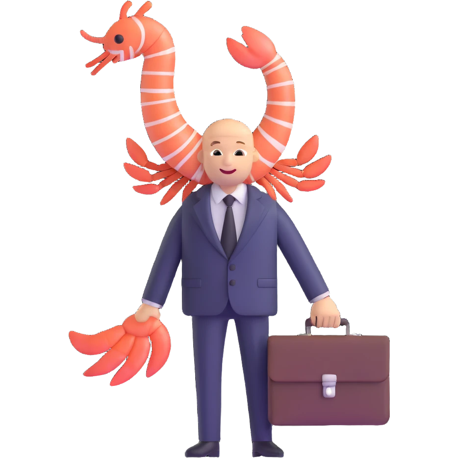 shrimp wearing business suit with briefcase, businessman shrimp, memoji style emoji