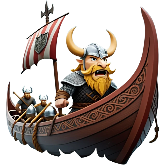 clash-of-clans-aesthetic_-cinematic-viking-longboat, rendered in a flat, bold vector style with minimal shading, featuring a striking dragon-headed prow slicing through icy, churning waters. shields on the side and vikings rowing The longboat’s intricately detailed shields and carved motifs evoke a sense of epic adventure and Nordic might, with billowing sails catching a dramatic, stormy sky backdrop. emoji