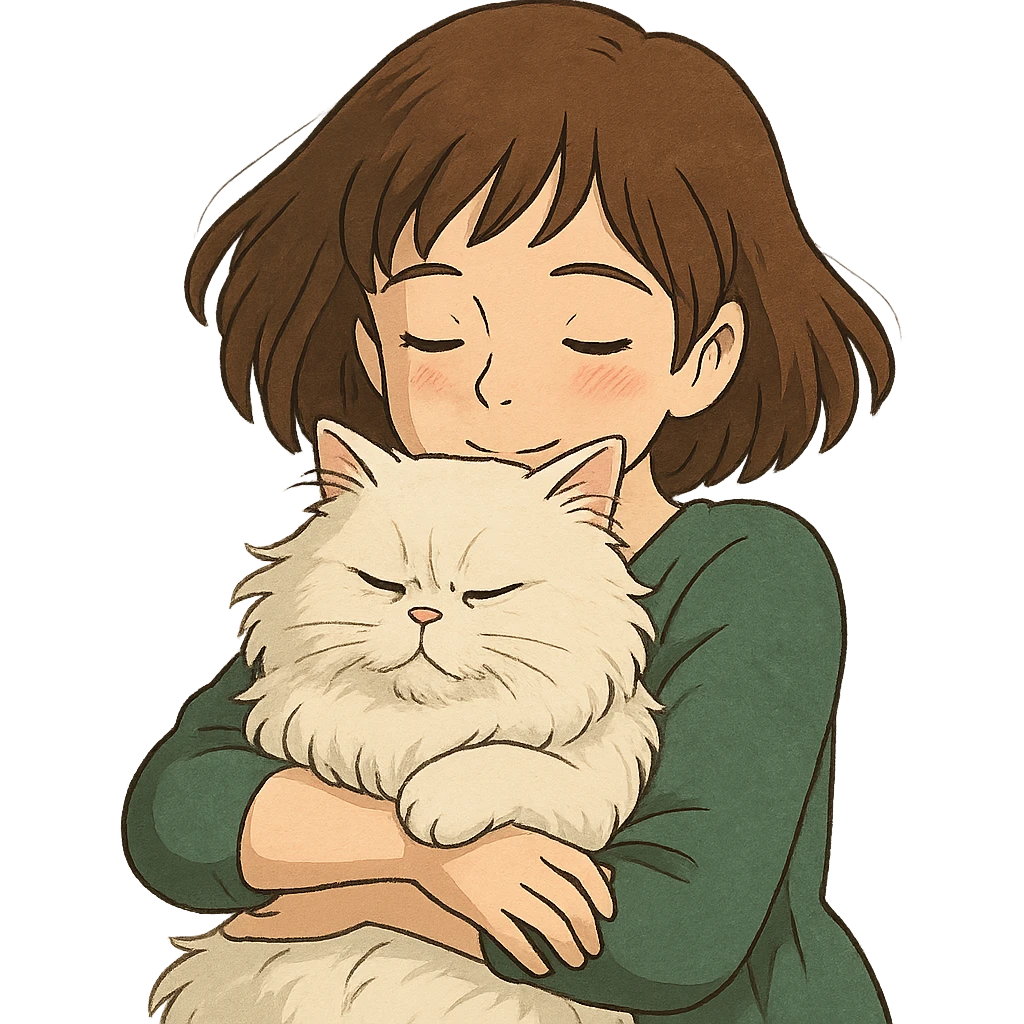 brunette girl snuggling white Persian cat emoji